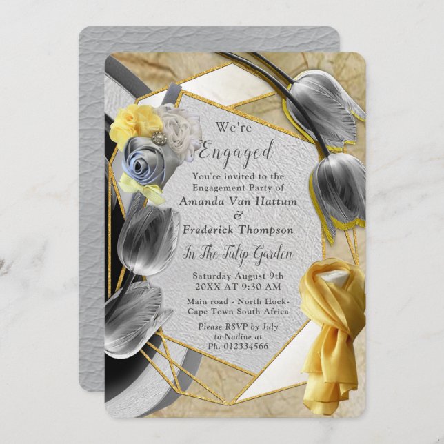 Grått- och Gult-tulpaner på struktur. Inbjudningar (Fram/baksida)