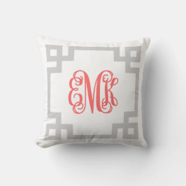 Grått och koral grekiska Nyckel-skript, Monogram Kudde