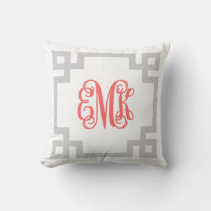 Grått och koral grekiska Nyckel-skript, Monogram Kudde
