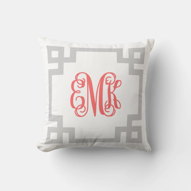 Grått och koral grekiska Nyckel-skript, Monogram Kudde (Framsida)
