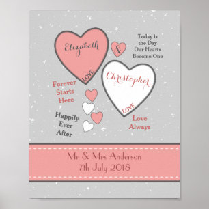 Grått och korall med hjärta Bröllop Poster