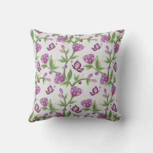 Grått- och lila-blomkuddar med fjärilar kudde