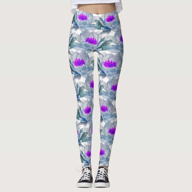 Grått och lila blommor mönster leggings (Framsida)