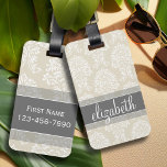 Grått- och Linen Vintage Damask-mönster med Namn Bagagebricka<br><div class="desc">Resa i stil med en elegant mönster med ett typsnitt som är designat för en kvinnlig kvinna. Lägg till ditt namn eller monogram. Om du behöver göra ändringar i teckningen klickar du på knappen Anpassa för att göra ändringar.</div>