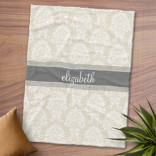 Grått- och Linen Vintage Damask-mönster med Namn Fleecefilt