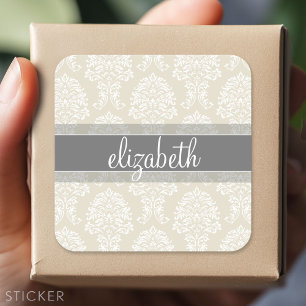 Grått- och Linen Vintage Damask-mönster med Namn Fyrkantigt Klistermärke