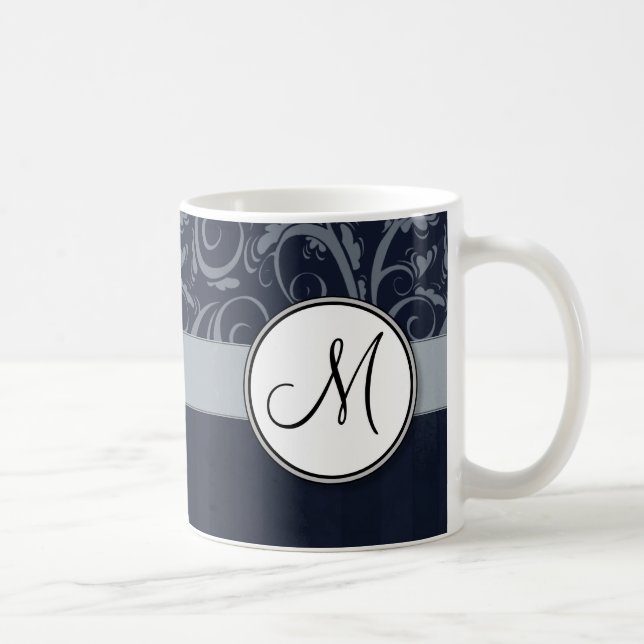 Grått och marin Blommigt Wisps & Rand med Monogram Kaffemugg (Höger)