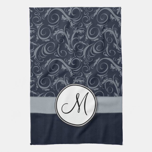 Grått och marin Blommigt Wisps & Rand med Monogram Kökshandduk (Vertikal)