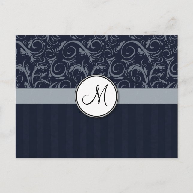 Grått och marin Blommigt Wisps & Rand med Monogram Vykort (Framsida)