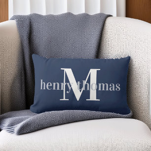 Grått och marin flotta   Namn och Monogram Nursery Lumbarkudde
