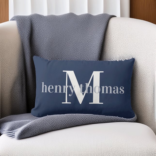 Grått och marin flotta | Namn och Monogram Nursery Lumbarkudde (Skapare uppladdad)