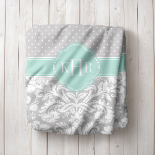 Grått och Mint Damask Polka dots Monogram Fleecefilt