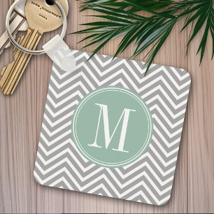Grått och Mint Grönt Chevron Mönster med Monogr Nyckelring