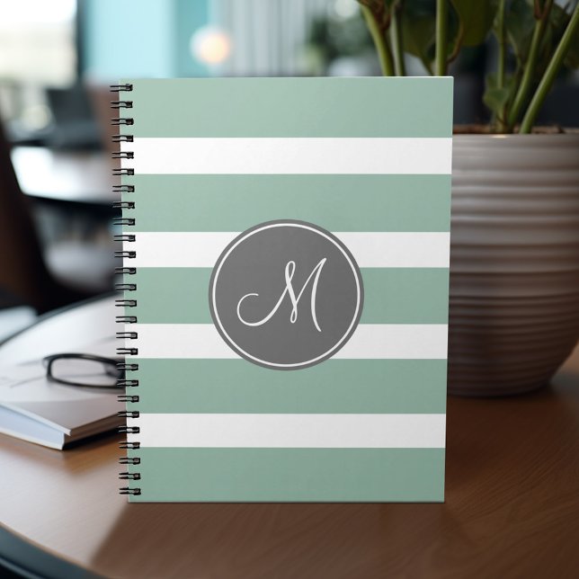 Grått och Mint Stripe Mönster med Monogram Anteckningsbok Med Spiral (Personalized notebook - add your name or other text)