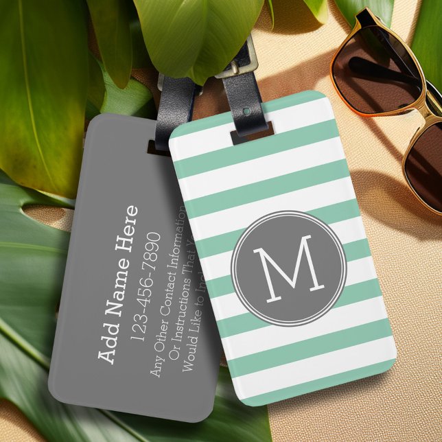 Grått och Mint Stripe Mönster med Monogram Bagagebricka (Personalized luggage tag - Add Your contact information and monogram)