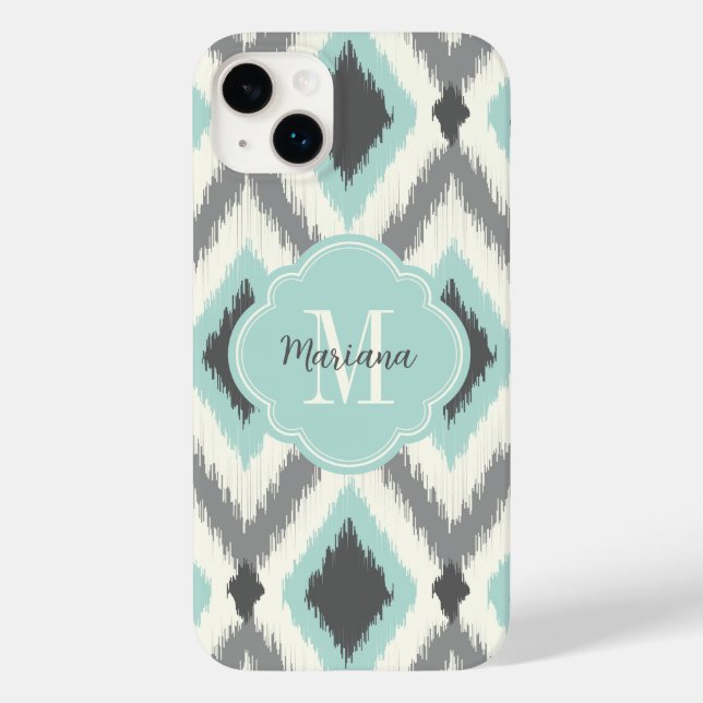 Grått och Mint Tribal Ikat Chevron Monogram (Baksida)