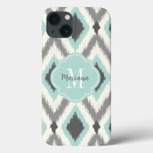 Grått och Mint Tribal Ikat Chevron Monogram