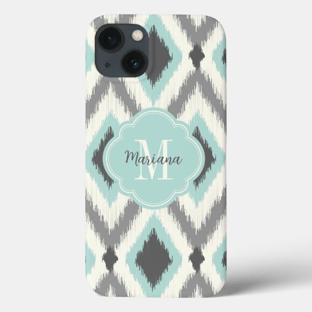 Grått och Mint Tribal Ikat Chevron Monogram (Baksida)
