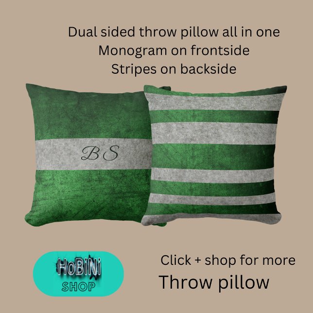 grått och monogram för dubbelsidig grönt och rand kudde (Dual sided throw pillow all in one
Monogram on frontside
Stripes on backside)