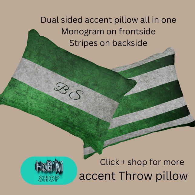 grått och monogram för dubbelsidig grönt och rand prydnadskudde (Dual sided accent throw pillow all in one
Monogram on frontside
Stripes on backside)