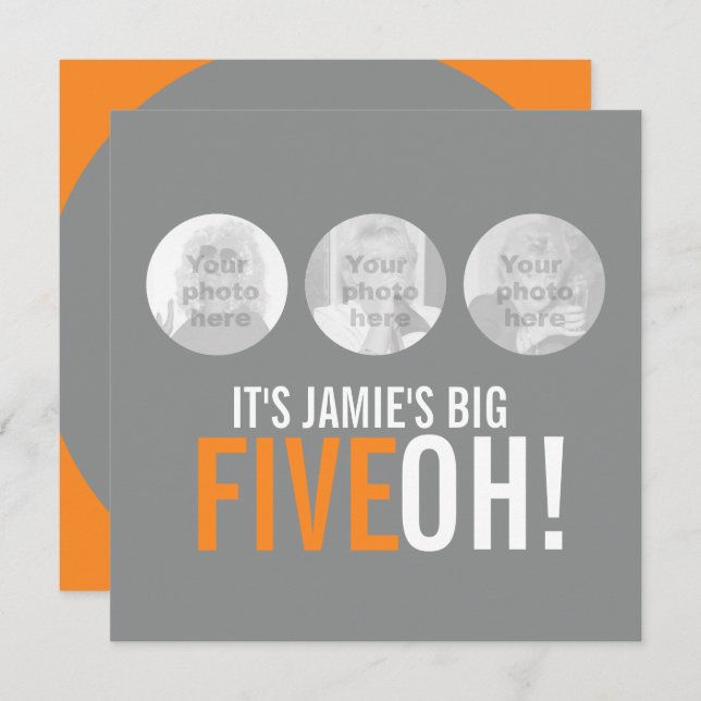 Grått och orange 50:e FIVEOH! fotofödelsedag inbju Inbjudningar (Fram/baksida)