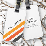 Grått- och orange-diagonal rand vit bagagebricka<br><div class="desc">Baggagetagg med tre diagonala rand i mörk grått och två skuggor orange på vit bakgrund och ditt eget namn i ett fet,  modernt sansserif-teckensnitt. Lägg till kontaktinformationen på baksidan.</div>