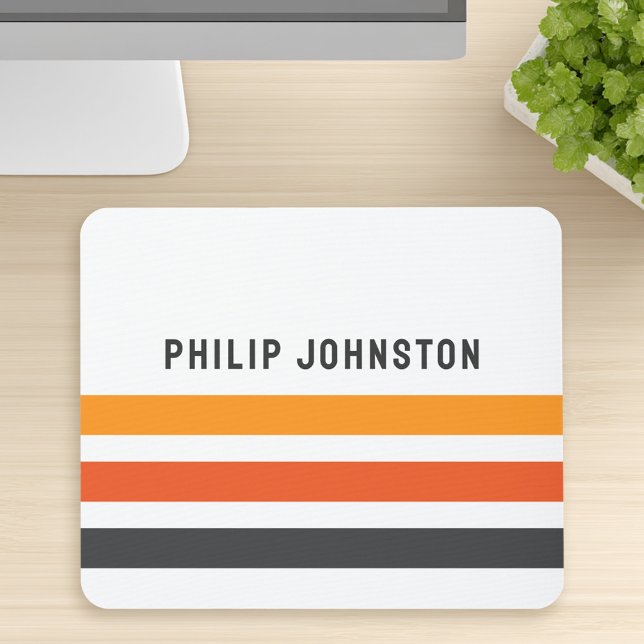 Grått och orange retro rand, eget namn vitt musmatta (Gray and orange retro stripes custom name white mouse pad)