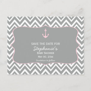 Grått och Pastel Rosa Chevron Nautical Baby Shower Meddelande Vykort
