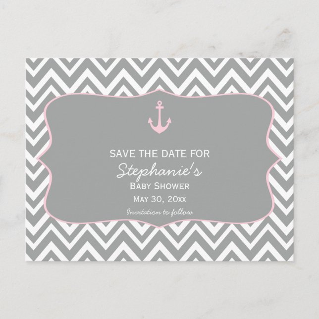 Grått och Pastel Rosa Chevron Nautical Baby Shower Meddelande Vykort (Framsida)