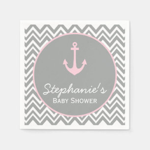 Grått och Pastel Rosa Chevron Nautical Baby Shower Pappersservett