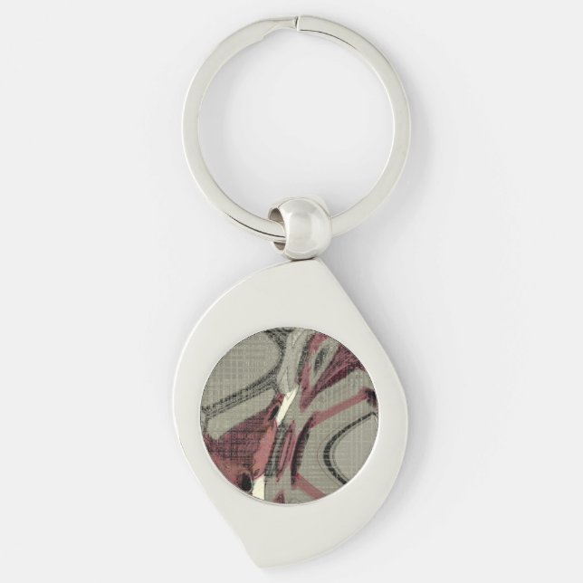Grått- och rödfärgskonst Abstrakt Swirl Silverfärgad Nyckelring (Framsidan)