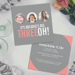 Grått och rosa 30:e THREEOH! fotofödelsedag inbjud Inbjudningar<br><div class="desc">Salmon rosa och grått dubbla Side 30års födelsedag inbjudan. Grafikinbjudan anpassar sig med dina egna detaljer och tre foto av din 30-åriga födelsedagsflicka. Unik design av Sarah Trett.</div>