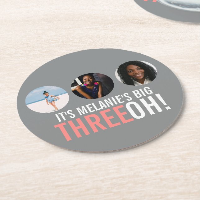 Grått och rosa 30th THREEOH! fotofödelsegrafik Underlägg Papper Rund (Vinklad)