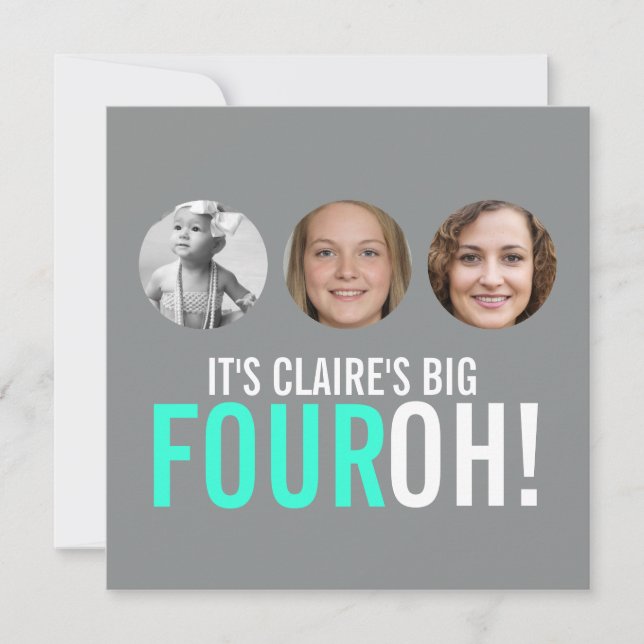 Grått och rosa 40:e FOUROH! fotofödelsedag inbjuda Inbjudningar (Framsida)