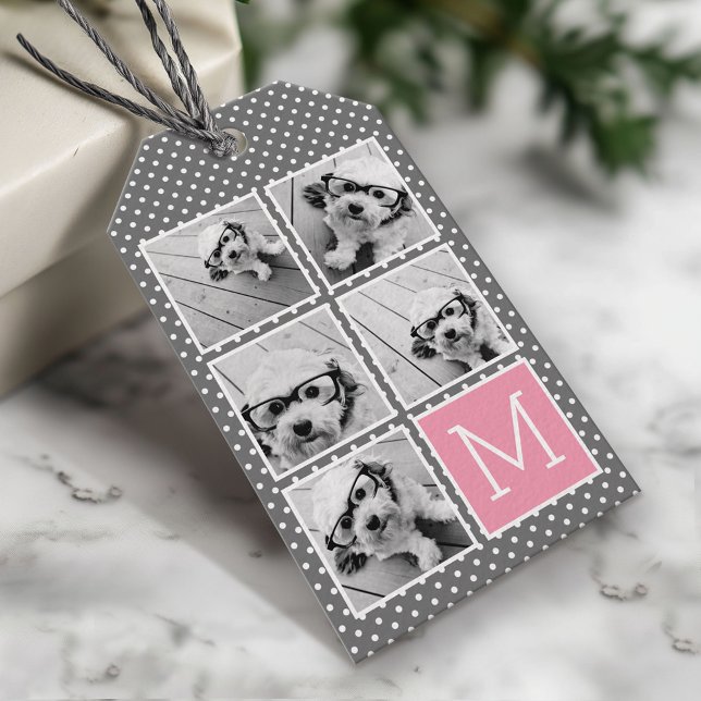 Grått och rosa 5-foto collage monogram presentetikett (Custom Photo Gift Tag - Add your pictures and text)