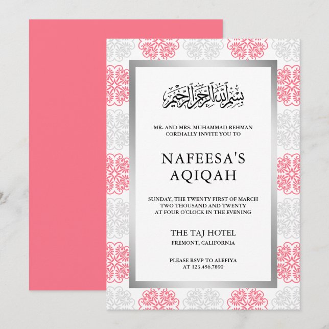 Grått och Rosa Blommigt Damask Muslim Aqiqah Cerem Inbjudningar (Fram/baksida)