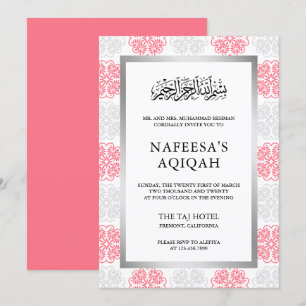 Grått och Rosa Blommigt Damask Muslim Aqiqah Cerem Inbjudningar