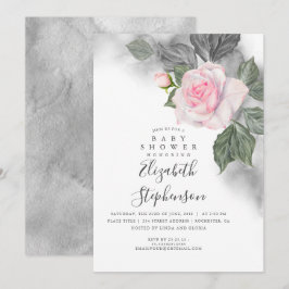 Grått och Rosa Blommigt Vattenfärgsbabyskor Inbjudningar