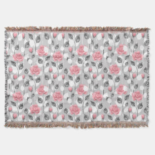 Grått och rosa. Blommönster Filt