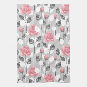 Grått och rosa.Blommönster Kökshandduk