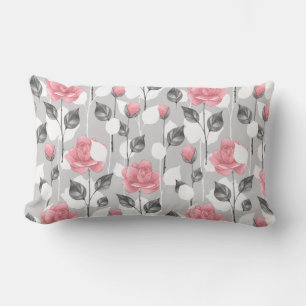 Grått och rosa. Blommönster Lumbarkudde