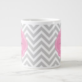 Grått och Rosa Chevron Anpassningsbar Monogram Jumbo Mugg