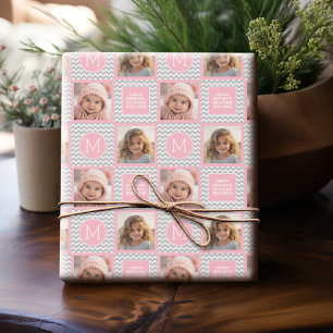Grått- och Rosa Chevrons - Foto och Monogram Presentpapper