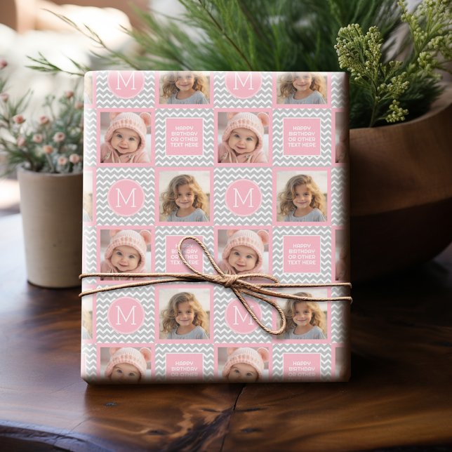 Grått- och Rosa Chevrons - Foto och Monogram Presentpapper (Personalized Photo Wrapping Paper)