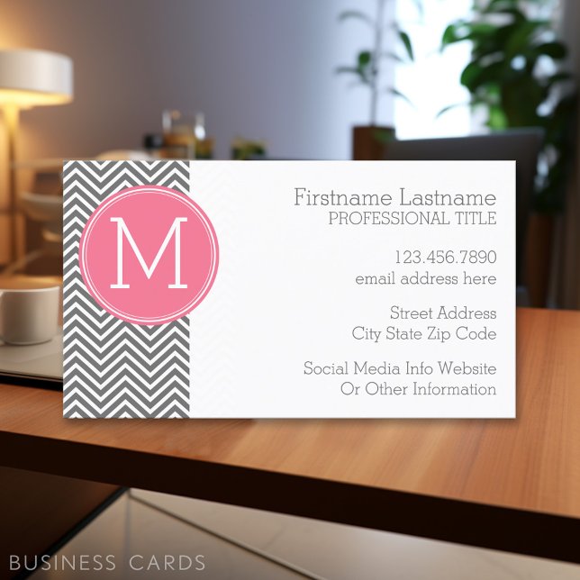 Grått och Rosa Chevrons med Anpassningsbar Monogra Visitkort (Personalized Printed Business Cards)