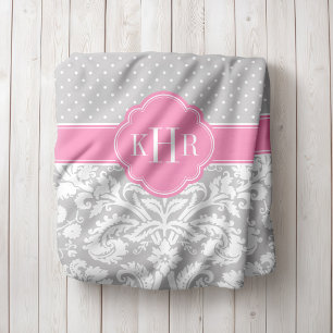 Grått och Rosa Damask Polka dots Monogram Fleecefilt