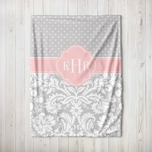 Grått och Rosa Damask Polka dots Monogram Fleecefilt