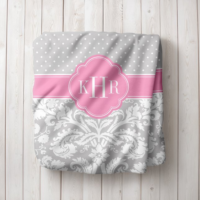 Grått och Rosa Damask Polka dots Monogram Fleecefilt (Skapare uppladdad)