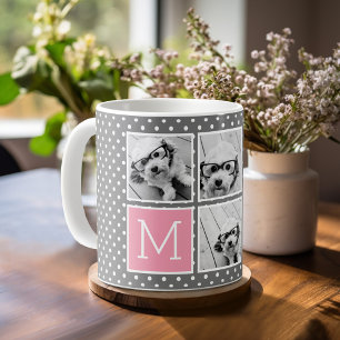 Grått och Rosa Instagram 5 Photo Collage Monogram Kaffemugg