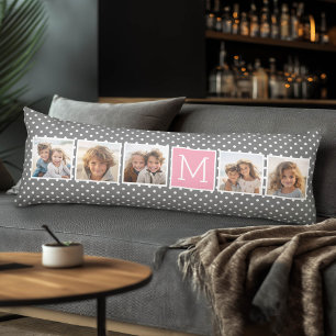 Grått och Rosa Instagram 5 Photo Collage Monogram Kroppskudde